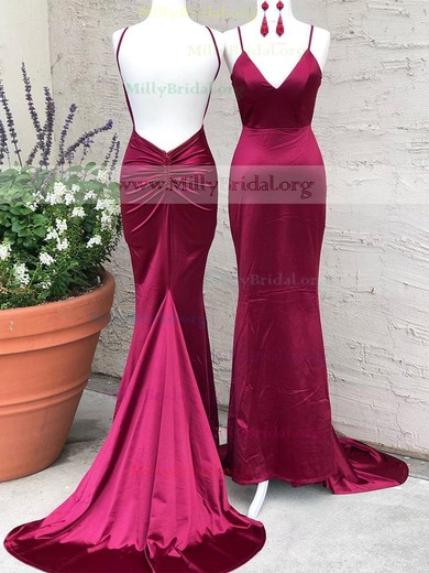 Trumpet/Mermaid V-neck Silk-like Satin Sweep Train Ruffles Prom Dresses #Milly020112243