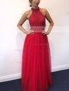 A-line High Neck Tulle Floor-length Prom Dresses With Appliques Lace #Milly020112245