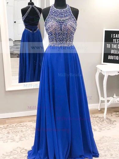 A-line Illusion Chiffon Cut Out Prom Dresses With Beading #Milly020112247