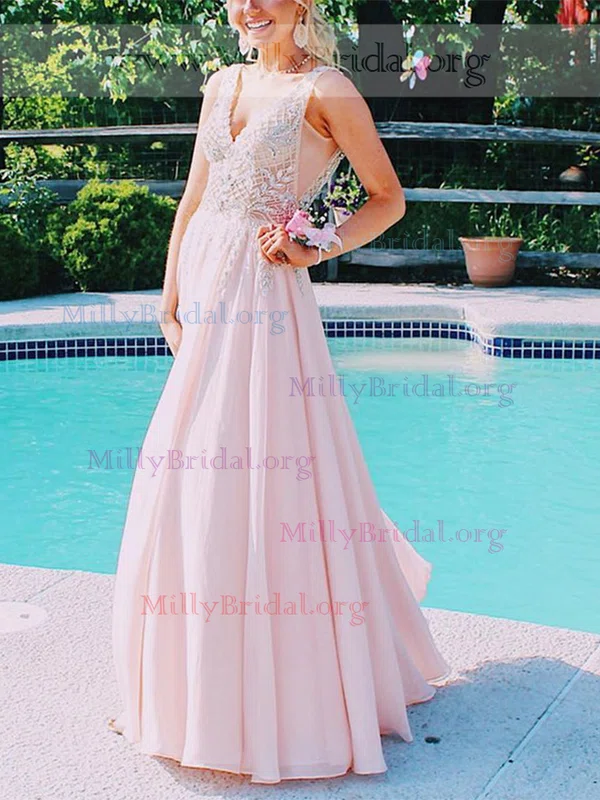 A-line V-neck Chiffon Floor-length Prom Dresses With Beading #Milly020112248