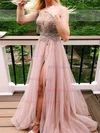 A-line V-neck Tulle Sweep Train Prom Dresses With Split Front #Milly020112251