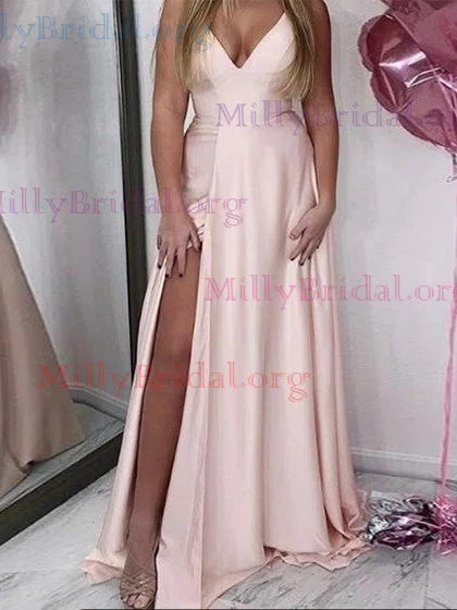 A-line V-neck Silk-like Satin Sweep Train Prom Dresses With Split Front #Milly020112259