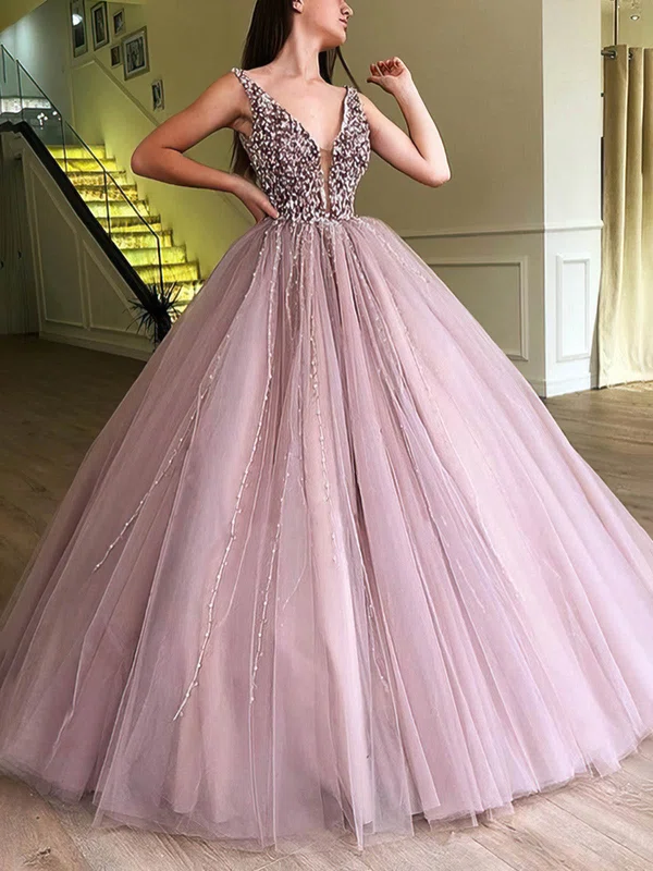 Ball Gown V-neck Tulle Floor-length Prom Dresses With Beading #Milly020112263