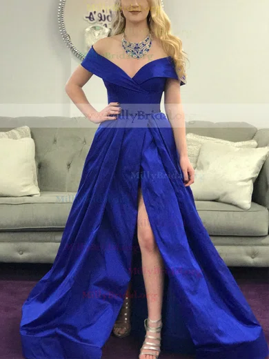 Princess Off-the-shoulder Satin Sweep Train Prom Dresses With Split Front #Milly020112266