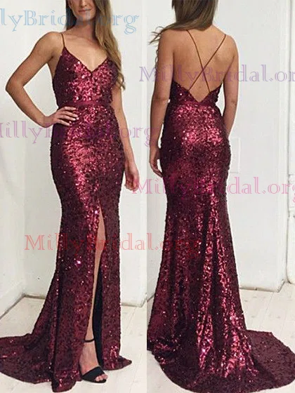 Trumpet/Mermaid V-neck Sequined Sweep Train Prom Dresses With Split Front #Milly020112273