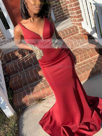 Trumpet/Mermaid V-neck Stretch Crepe Sweep Train Prom Dresses With Beading #Milly020112277