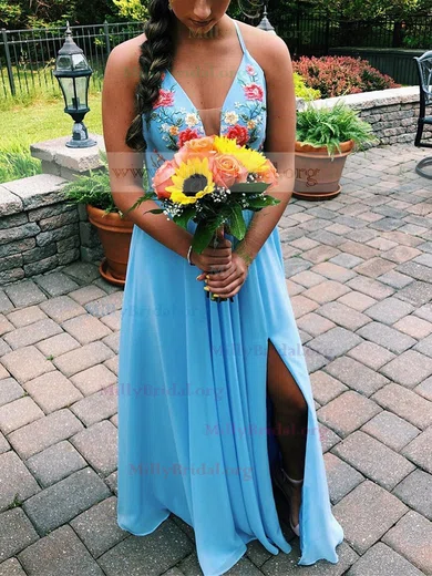 A-line V-neck Chiffon Sweep Train Prom Dresses With Split Front #Milly020112282