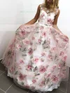A-line Scoop Neck Tulle Sweep Train Prom Dresses With Appliques Lace #Milly020112285