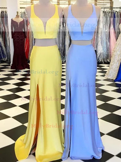 Sheath/Column V-neck Stretch Crepe Two Piece Prom Dresses #Milly020112295