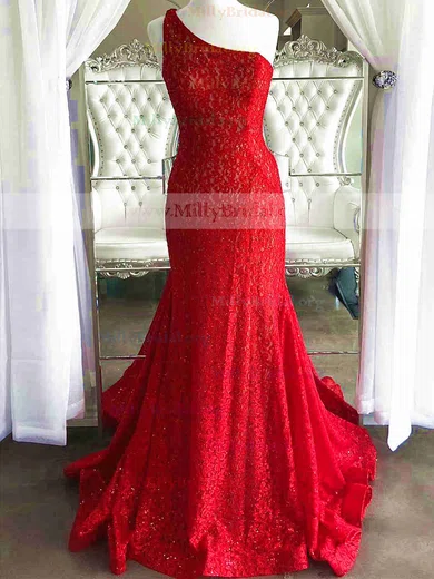 Red Mermaid One Shoulder Lace Modest Prom Dresses #Milly020112298