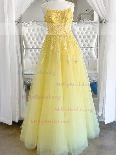 Ball Gown Scoop Neck Tulle Floor-length 3D Floral Prom Dresses #Milly020112300