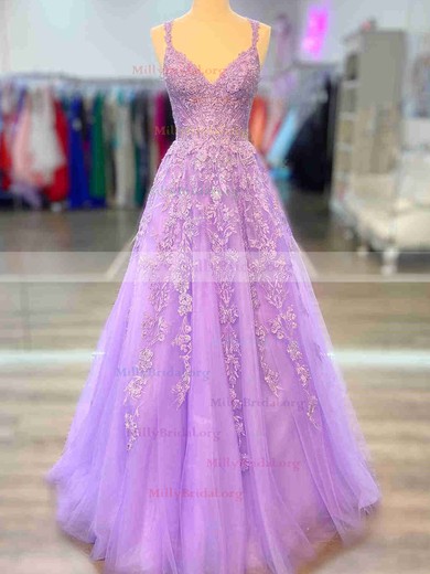 Ball Gown V-neck Tulle Floor-length Appliques Lace Prom Dresses #Milly020112301