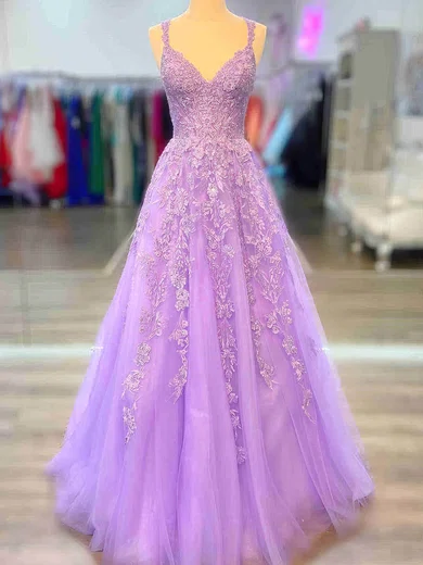 Ball Gown V-neck Tulle Prom Dresses With Appliques #Milly020112301