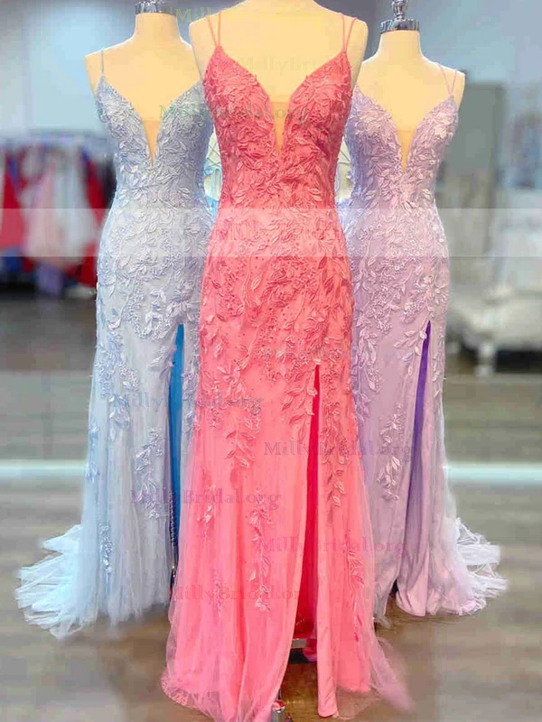 Sheath/Column V-neck Tulle Sweep Train Prom Dresses With Split Front #Milly020112302
