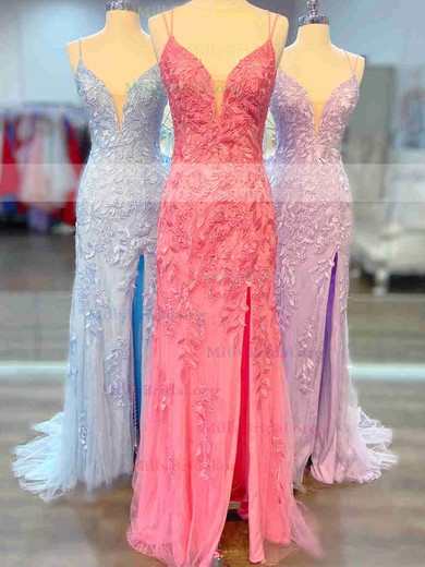 Sheath/Column V-neck Tulle Sweep Train Appliques Lace Prom Dresses #Milly020112302