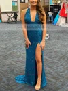 Sheath/Column V-neck Sequined Sweep Train Prom Dresses With Split Front #Milly020112314