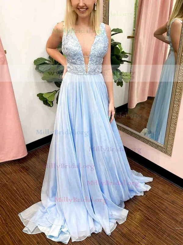 A-line V-neck Chiffon Sweep Train Prom Dresses With Appliques Lace #Milly020112317