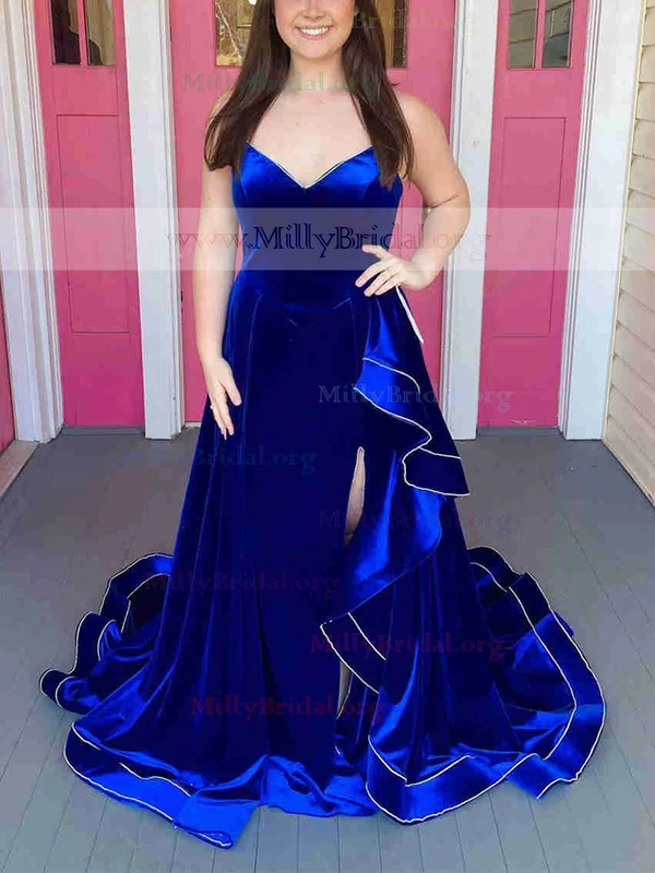 A-line V-neck Velvet Sweep Train Prom Dresses With Split Front #Milly020112321
