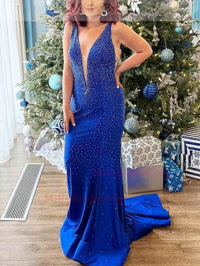 Trumpet/Mermaid V-neck Jersey Sweep Train Prom Dresses With Beading #Milly020112322