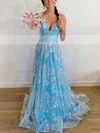 A-line V-neck Lace Sweep Train Prom Dresses #Milly020112329