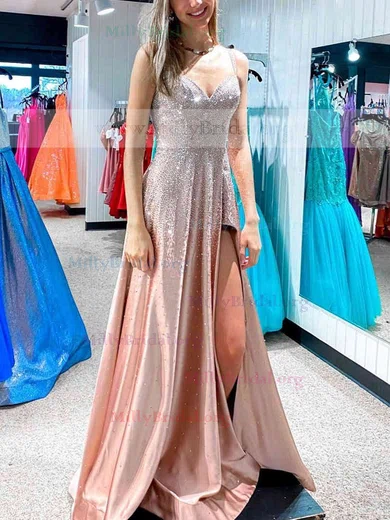 A-line V-neck Satin Sweep Train Prom Dresses With Split Front #Milly020112330
