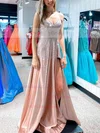 A-line V-neck Satin Sweep Train Prom Dresses With Split Front #Milly020112330