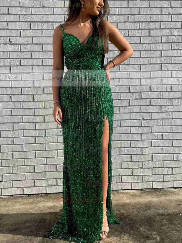 Sheath/Column V-neck Sequined Sweep Train Prom Dresses With Split Front #Milly020112337