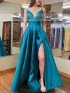 A-line V-neck Satin Sweep Train Prom Dresses With Split Front #Milly020112342