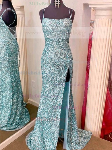 Sheath/Column Scoop Neck Sequined Sweep Train Prom Dresses With Split Front #Milly020112346