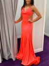 Trumpet/Mermaid V-neck Jersey Sweep Train Prom Dresses With Beading #Milly020112363