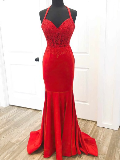 Trumpet/Mermaid Halter Stretch Crepe Sweep Train Appliques Lace Prom Dresses #Milly020112364