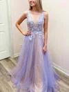A-line V-neck Lace Tulle Sweep Train Prom Dresses With Appliques Lace #Milly020112365