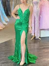 Sheath/Column V-neck Sequined Sweep Train Prom Dresses With Split Front #Milly020112369