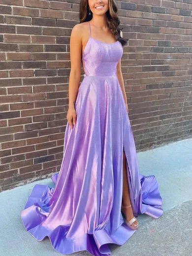 A-line Scoop Neck Silk-like Satin Sweep Train Prom Dresses With Split Front #Milly020112370