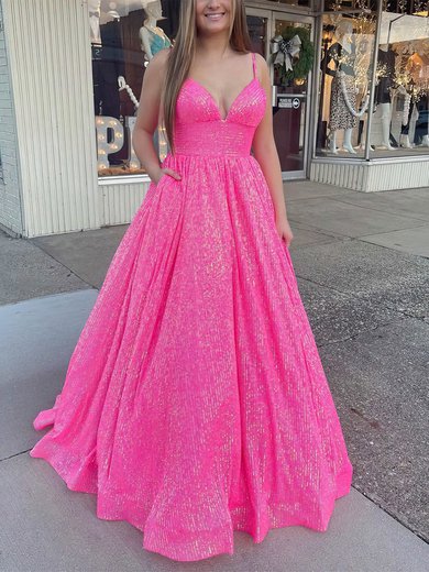 Ball Gown/Princess Floor-length V-neck Sequined Pockets Prom Dresses #Milly020112371