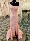 Sheath/Column One Shoulder Sequined Sweep Train Prom Dresses With Split Front #Milly020112375