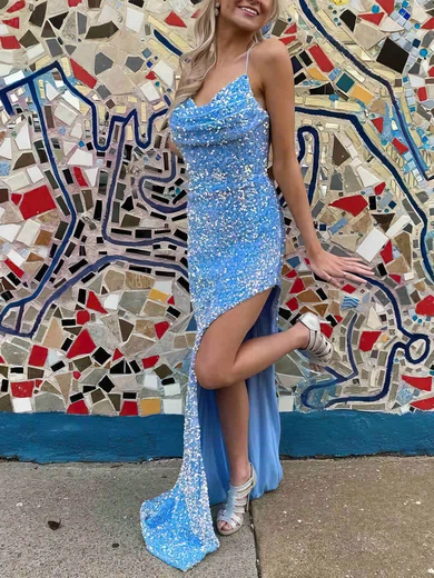 Sheath/Column Cowl Neck Sequined Floor-length Prom Dresses With Split Front #Milly020112377