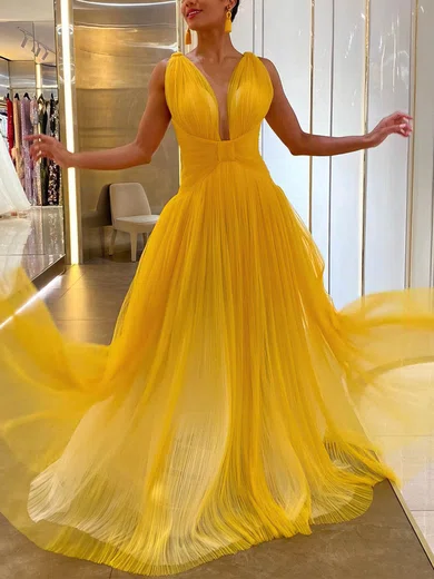 Ball Gown V-neck Tulle Floor-length Pleats Prom Dresses #Milly020112381