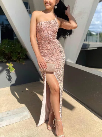 Sheath/Column One Shoulder Sequined Floor-length Prom Dresses With Split Front #Milly020112386