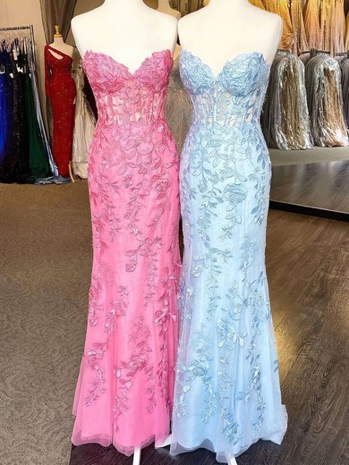 Sheath/Column Sweetheart Lace Tulle Floor-length Prom Dresses With Appliques Lace #Milly020112403