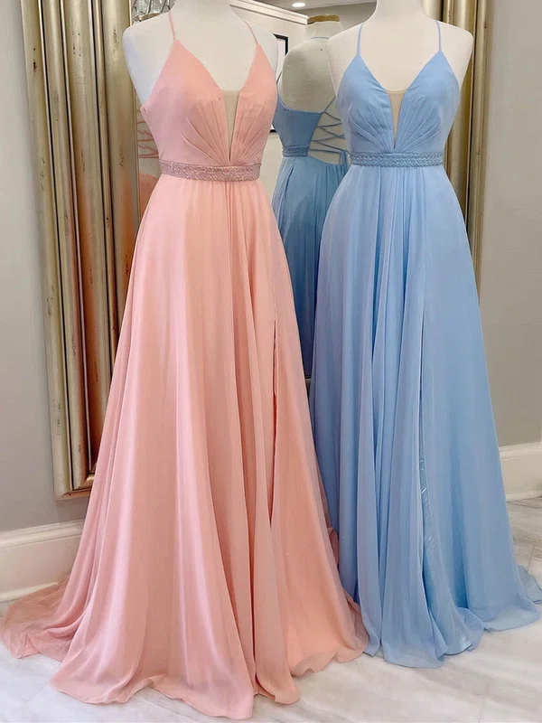 A-line V-neck Chiffon Sweep Train Prom Dresses With Beading #Milly020112409