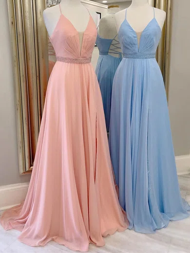 A-line V-neck Chiffon Prom Dresses With Beading #Milly020112409