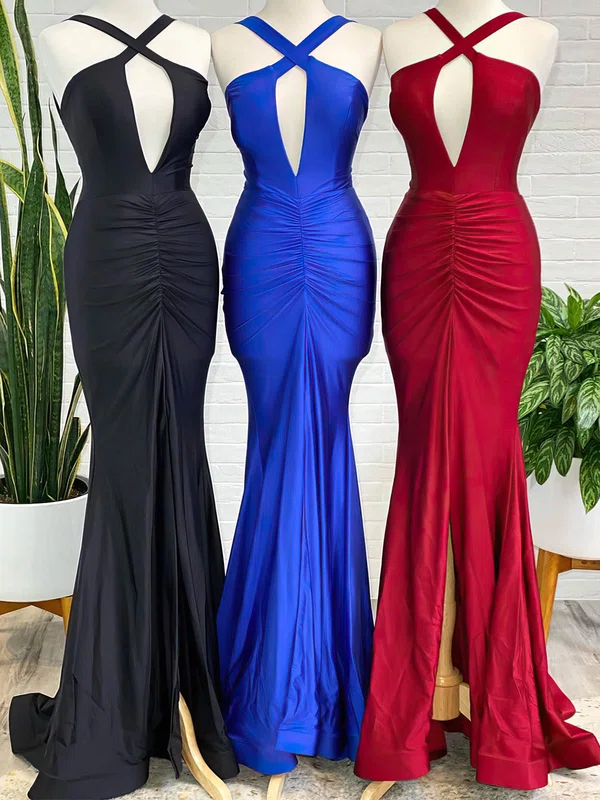 Trumpet/Mermaid V-neck Jersey Floor-length Prom Dresses With Split Front #Milly020112417