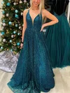 A-line V-neck Glitter Sweep Train Prom Dresses #Milly020112419
