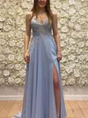 A-line V-neck Chiffon Sweep Train Prom Dresses With Split Front #Milly020112422