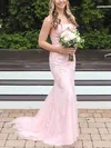 Trumpet/Mermaid Scoop Neck Lace Tulle Sweep Train Prom Dresses With Appliques Lace #Milly020112430