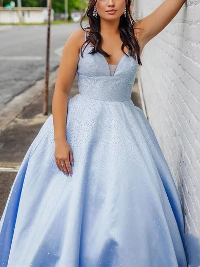 Ball Gown V-neck Satin Sweep Train Prom Dresses With Beading #Milly020112434