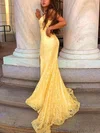 Trumpet/Mermaid V-neck Lace Sweep Train Prom Dresses With Split Front #Milly020112435