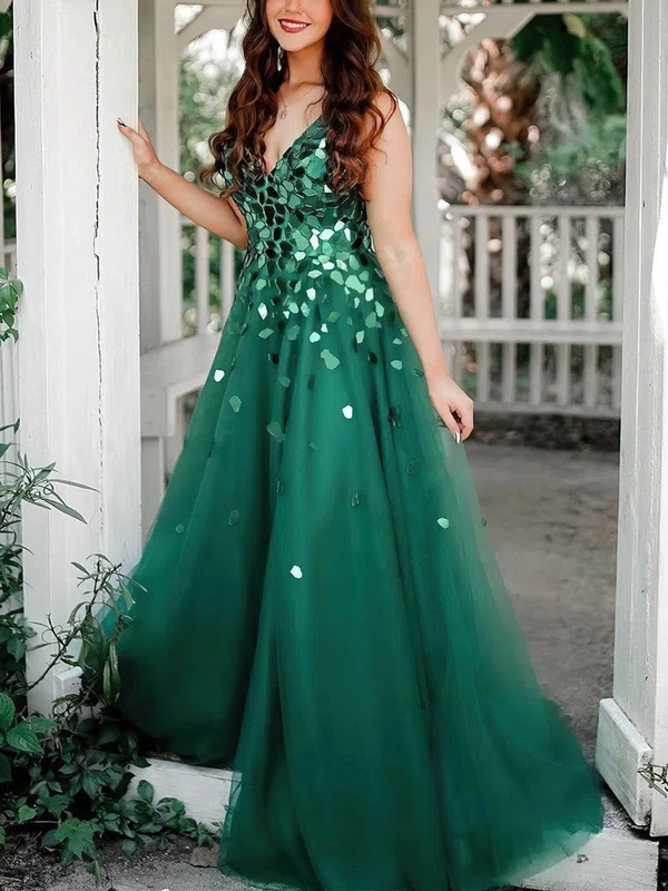 A-line V-neck Tulle Sweep Train Prom Dresses With Beading #Milly020112439
