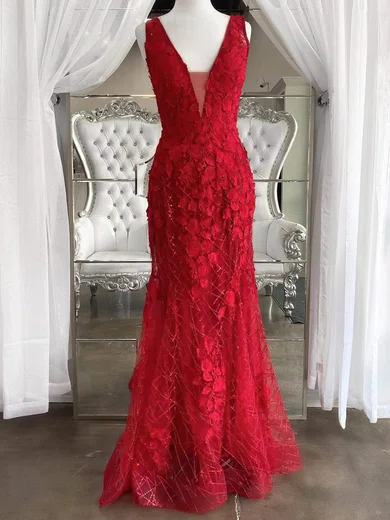 Mermaid V-neck Floor-length Lace Tulle Prom Dresses With Appliques #Milly020112442